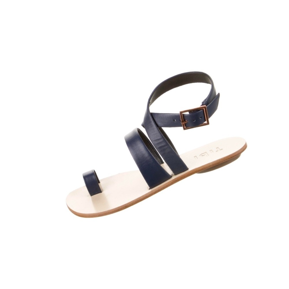 Tibi Hallie Sandals Womens 6.5 Navy Blue Leather Ankle Wrap Toe Ring Flats